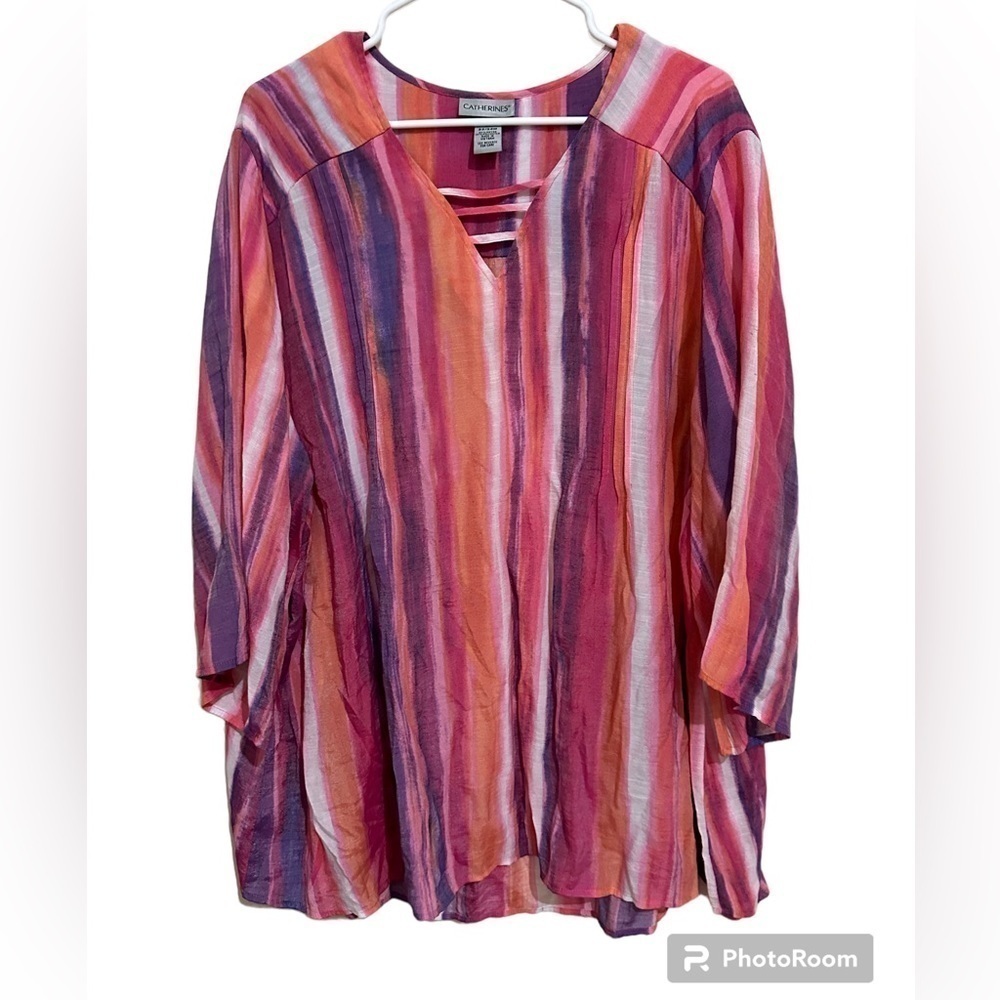 Catherines 22/24 Pink Purple Multicolor Stripped Lightweight V Neck Blouse